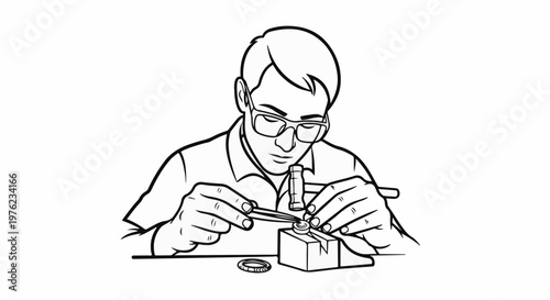 Focused craftsman meticulously assembles intricate small parts with precision tools