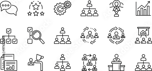 Business and Teamwork Icon Set with Communication, Leadership, Growth, and Collaboration in Line Vector Style