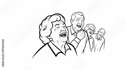Four elderly people laughing together in a line