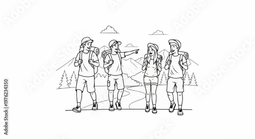 Four hikers with backpacks stand on a winding path in a mountainous landscape