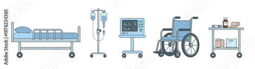 Medical equipment and supplies, essential items for patient care and recovery, including a hospital bed, IV stand, monitor, wheelchair, and medical cart.