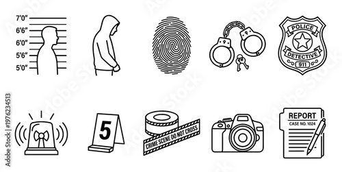 Collection of police and crime investigation icons representing various elements of law enforcement, criminal justice, and forensic evidence gathering in a simple outline style.