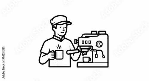 Friendly barista in cap holds steaming mug near espresso machine preparing coffee