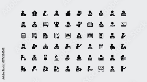 Set of 60 Black and White Education and Learning Vector Icons