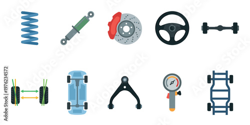 Various automotive parts and diagrams illustrating essential vehicle components for repair, maintenance, and understanding car mechanics in a flat design style.
