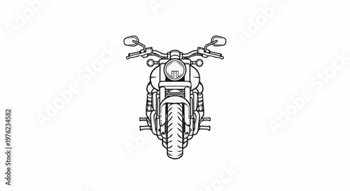 Front view line art of a powerful motorcycle with detailed front wheel and handlebars