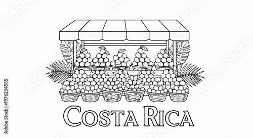 Fruit stand with overflowing baskets of fruit and lush tropical foliage