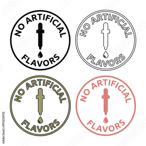 No artificial flavors badge set, organic food product labels with pipette icon, 4 circular vector stamps for natural ingredient packaging