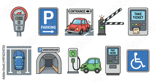 Parking related icons and symbols illustrating various aspects of car parking, including meters, signs, barriers, payment, and electric vehicle charging stations.
