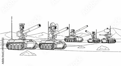 Futuristic tracked vehicles with mounted cannons and sensors parade across a desert