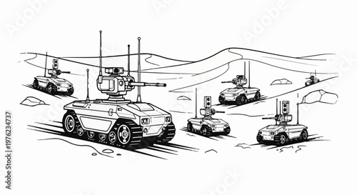 Futuristic robotic vehicles with turrets deployed in a barren, sandy landscape