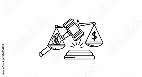 Gavel and scales of justice with coins and dollar sign