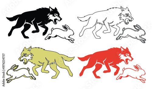 Aggressive wolf chasing rabbit vector set, predator and prey animal silhouettes, hunting scene with snarling wolf and running hare icons