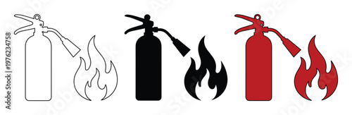 Fire extinguisher vector icons set, emergency safety equipment silhouettes, red and black fire protection symbols for industrial security signage