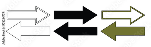 Minimalist arrow icon set, flat directional pointers in black and olive green, collection of 6 vector arrows for navigation and web design