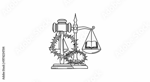 Gavel and scales of justice entwined with thorns, balancing a book