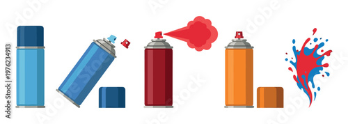 Spray paint cans in various positions including one actively spraying red paint, illustrating artistic expression and urban creativity.