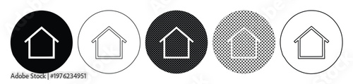 Minimalist home icon set in circular buttons, 5 vector house symbols for web navigation, black and white real estate homepage UI elements