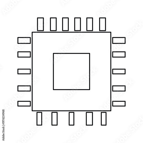 Minimalist computer chip icon vector, electronic microprocessor outline illustration, digital cpu hardware symbol for technology design