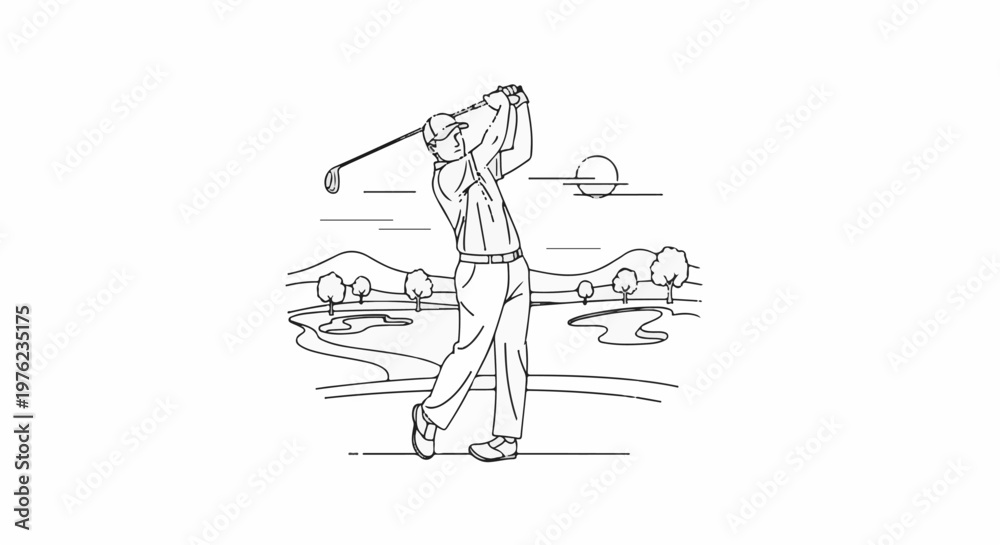 Fototapeta premium Golfer swings club during a game on a sunny day with rolling hills