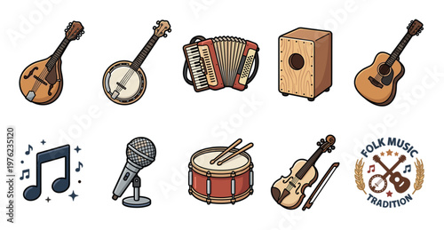 Various musical instruments representing traditional folk music culture and heritage, including mandolin, banjo, guitar, accordion, violin, drum, and microphone, depicted 