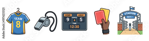 Sports equipment and elements for various games and competitions, featuring a jersey, whistle, scoreboard, penalty cards, and a stadium entrance.