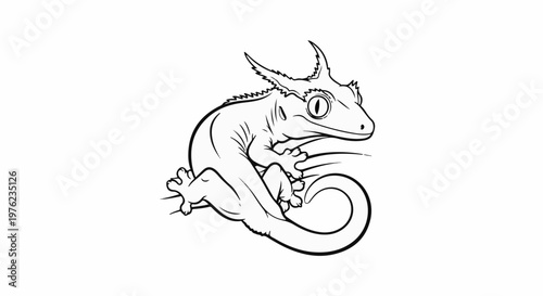 Line art drawing of a crested gecko perched on a branch, detailed