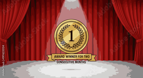 Golden medal with "1" on a stage with red curtains, award winner