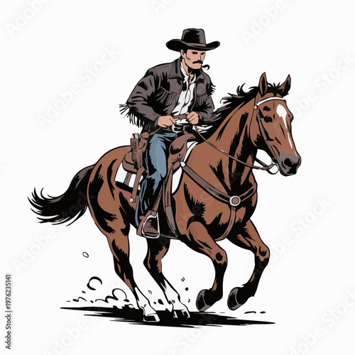 Retro styled illustration of a cowboy performing daring tricks atop a galloping horse dynamic scene
