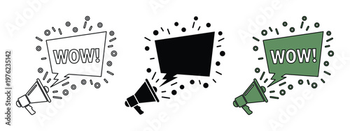 Comic style megaphone with wow speech bubble vector set, pop art bullhorn announcement icons, marketing promotion and advertising shout graphics