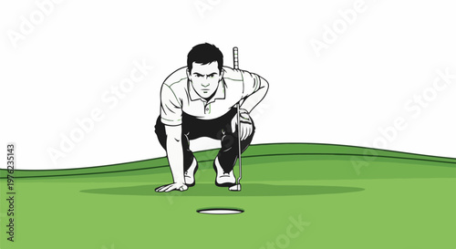 Golfer intensely focuses before taking a putt on a green