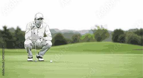 Golfer crouches on green, assessing putt with club and ball in foreground