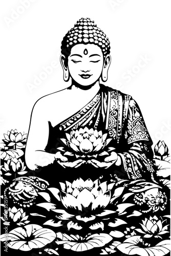 Lotus Serenity – Meditative Buddha in Black & White. A peaceful black‑and‑white illustration of a meditative Buddha holding a blooming lotus, surrounded by lotus flowers. Intricate patterns and calm e