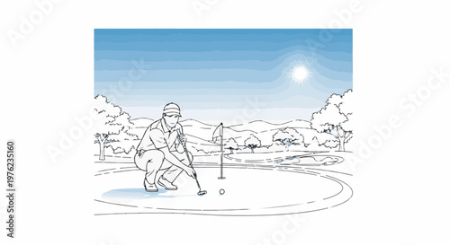 Golfer kneels to putt on sunny day with distant hills and trees