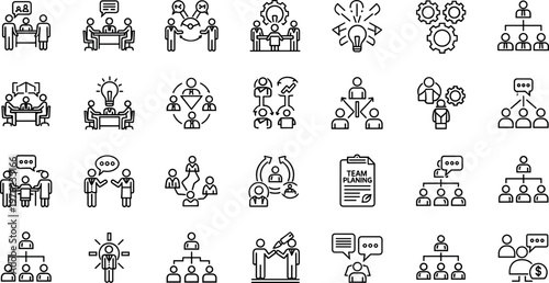 Business Planning, Collaboration, and Teamwork Icon Set with Meetings, Strategy, and Workflow in Line Vector Style