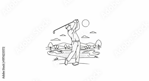 Golfer swinging club on a sunny day with rolling hills and water hazards