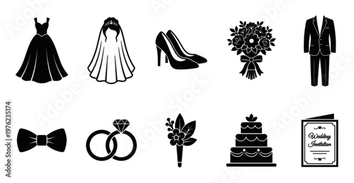 Wedding icons set featuring essential elements for a perfect marriage ceremony celebration, including dress, rings, cake, and invitation.