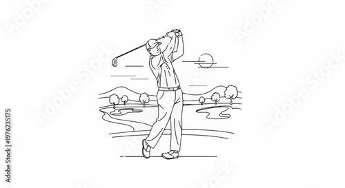 Golfer swings club during a game on a sunny day with rolling hills