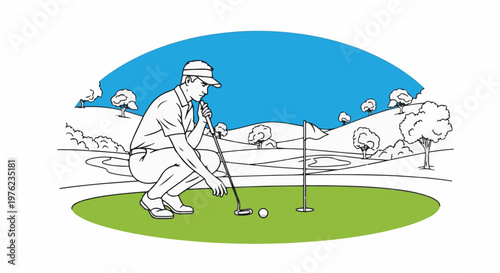 Golfer prepares to putt on a green with a flag and ball, rolling hills backdrop