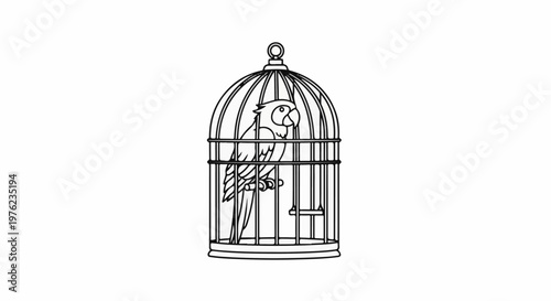 Line art drawing of a parrot perched inside a decorative cage