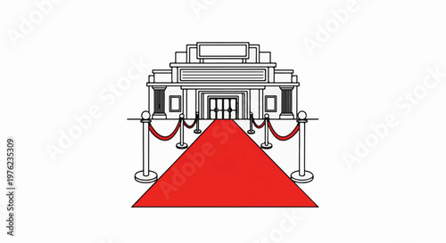 Grand entrance with red carpet and stanchions leading to building