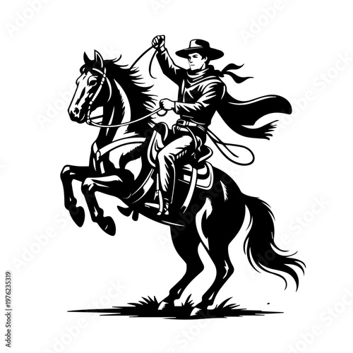 Retro styled illustration of a cowboy performing daring tricks atop a galloping horse dynamic scene