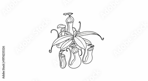 Line art drawing of a pitcher plant with leaves and tendrils