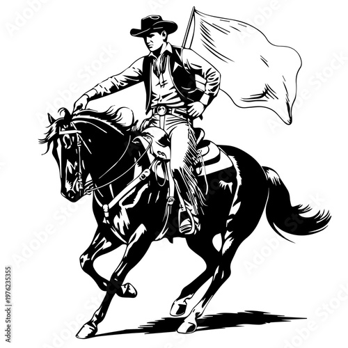 Retro styled illustration of a cowboy performing daring tricks atop a galloping horse dynamic scene