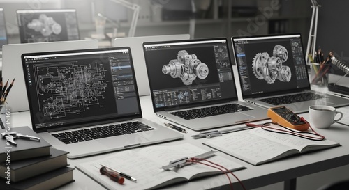 Three laptops on a desk displaying complex engineering designs and circuit diagrams, surrounded by various tools and notebooks.