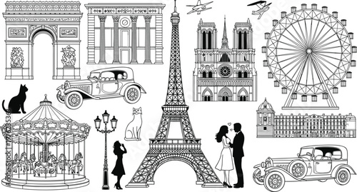 Paris landmarks collection with Eiffel Tower Notre Dame Arc de Triomphe carousel vintage cars romantic city illustration set