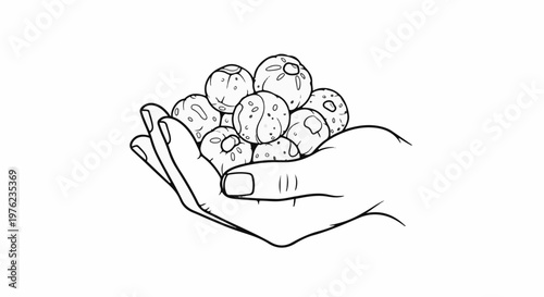 Hand holding a pile of round, patterned objects, outline illustration
