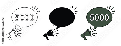 Megaphone with 5000 number in speech bubble, social media follower milestone icons, megaphone announcement vector set for marketing goals