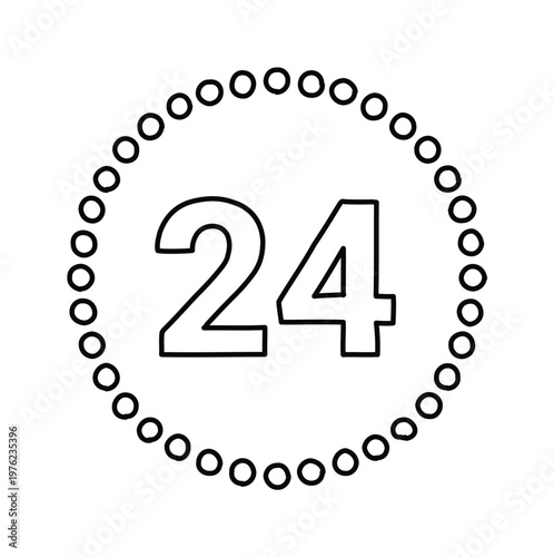 Minimalist number 24 icon vector, black outline twenty four symbol inside dotted circle, simple time or age indicator for graphic design