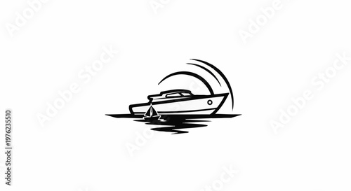 Graphic of a speedboat and sailboat on water with abstract curves above